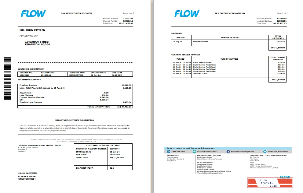 Jamaica Flow tax invoice cable and internet bill Word and PDF template, 2 pages SCR